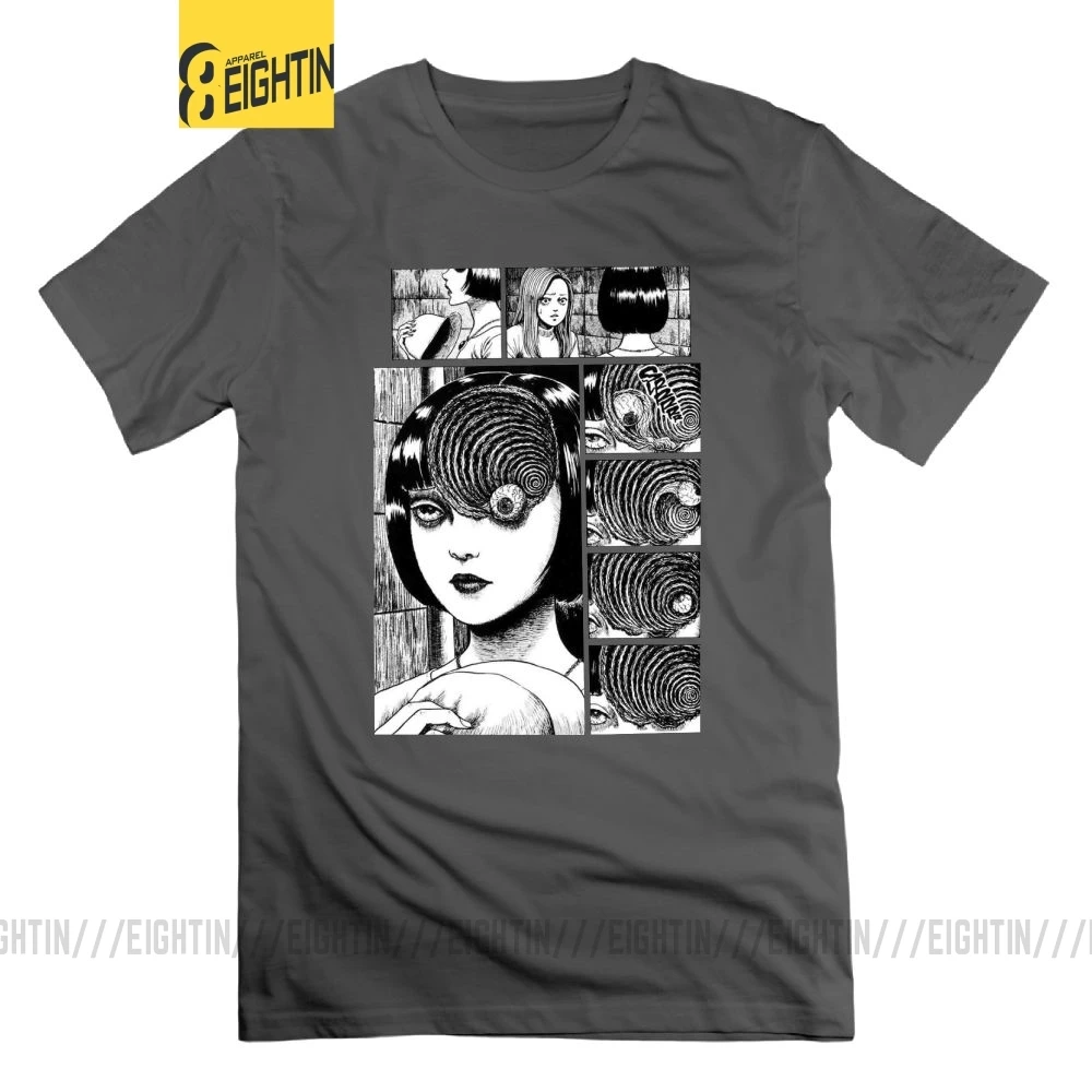 Uzumaki Junji Ito футболка ужас Футболка "Манга" короткий рукав мужские футболки хлопок черный фанки большой размер футболки с круглым вырезом - Цвет: Серый