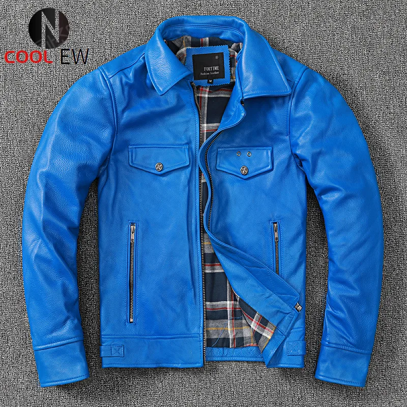 

Free shipping.fashion brand men leather jacket.blue slim cowhide leather garments.dropship cheap leather clothes.Plus size