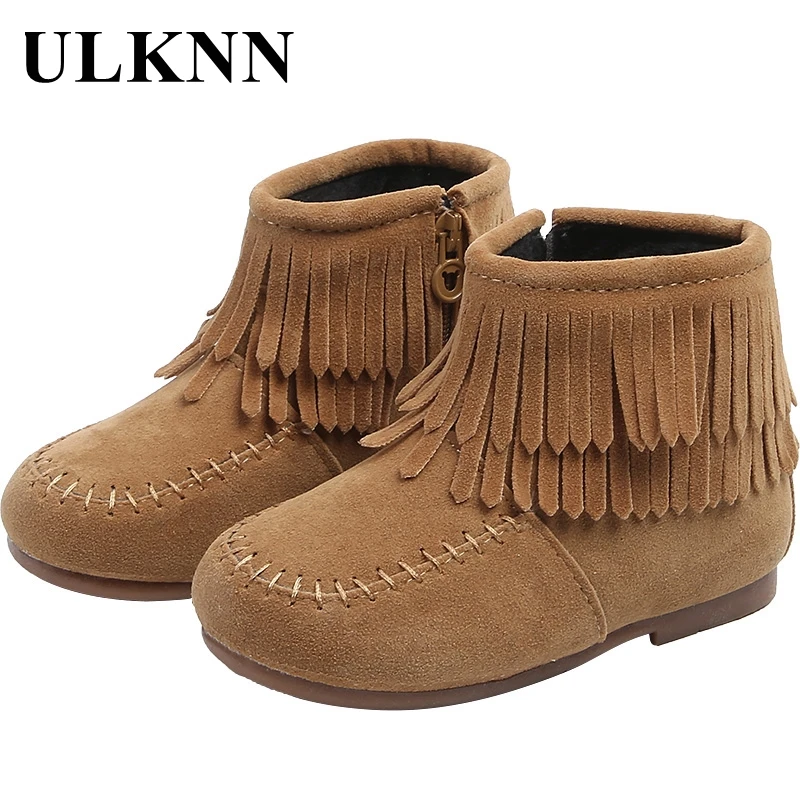 

ULKNN Winter 2020 New Girls' Short Boots Tassel Princess Leather Boots Children's Low Boots Plush Baby Cooton Shoes Khaki RED