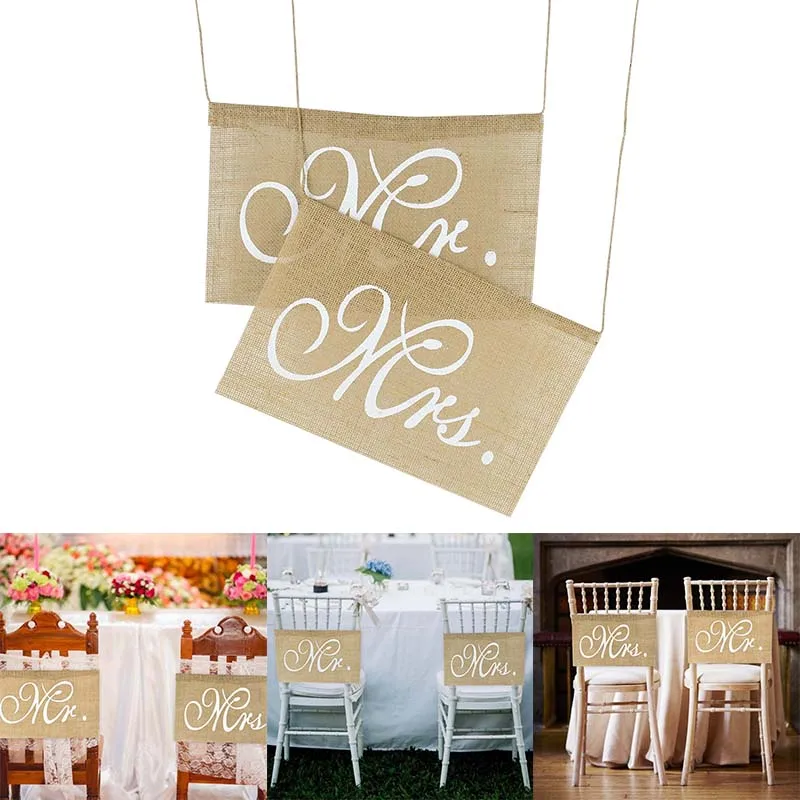 

2pcs/set Mr Mrs Chair Signs Jute Burlap Chair Banner Hanging Flags Wedding Party Decoration Photo Props Valentine's Day Supplies