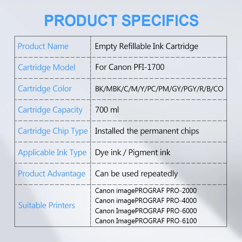 PFI-1700 PFI1700 перезаправляемый картридж с постоянным чип для Canon PRO-2000 PRO-4000 PRO-6000 PRO-6100