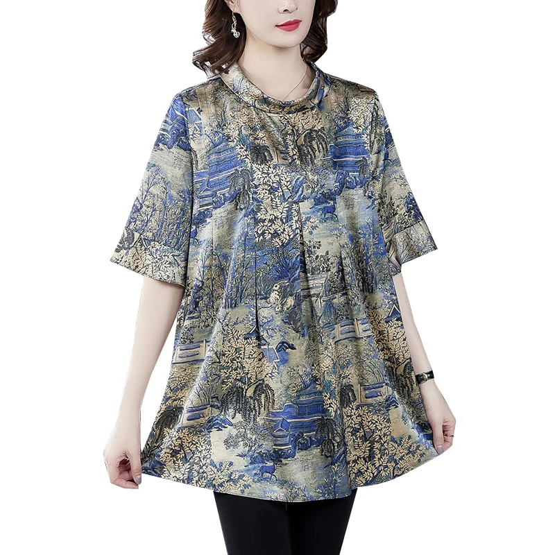 

COIGARSAM 3XL Plus Size Short Sleeve Shirt Womens tops New Summer Loose Silk Women shirts Yellow 8956