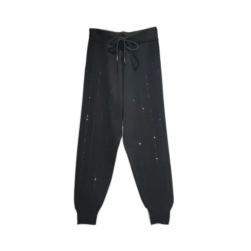 

European station winter 2020 new vertical hot drill thickened wool knitted pants thin nine point Harlem pant woman