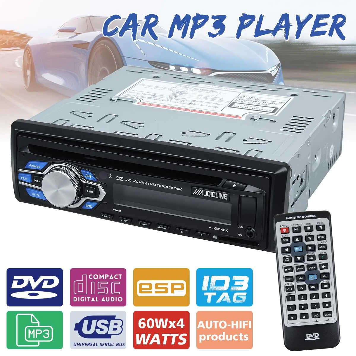 

60W 4 Channels Car Radio CD Player Multimedia Player with Remote Control Digital SB/SD/AUX MP3 Player 180x180x56mm