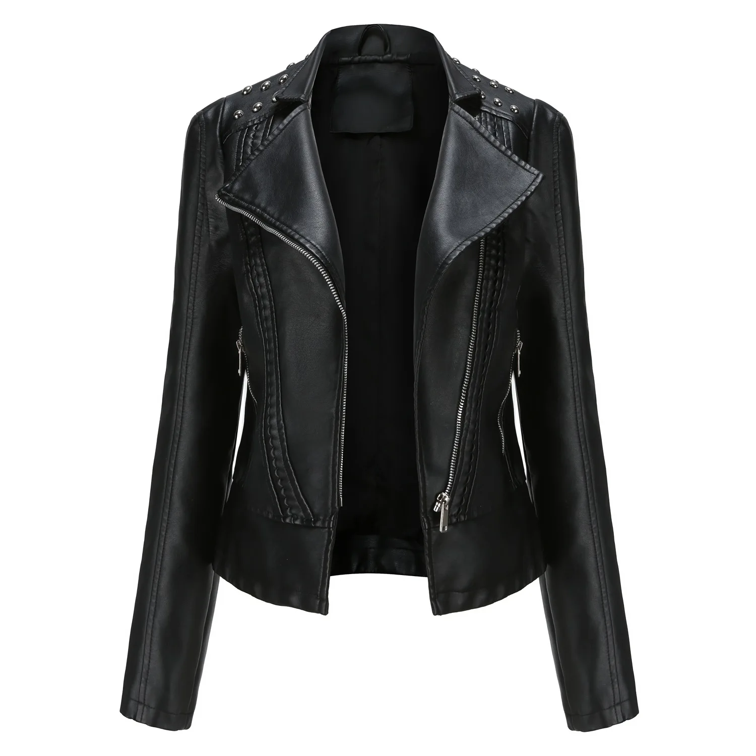 2021 European women's Rivet leather clothes women's fashion jacket lapel motorcycle clothes thin spring and autumn women's jacke
