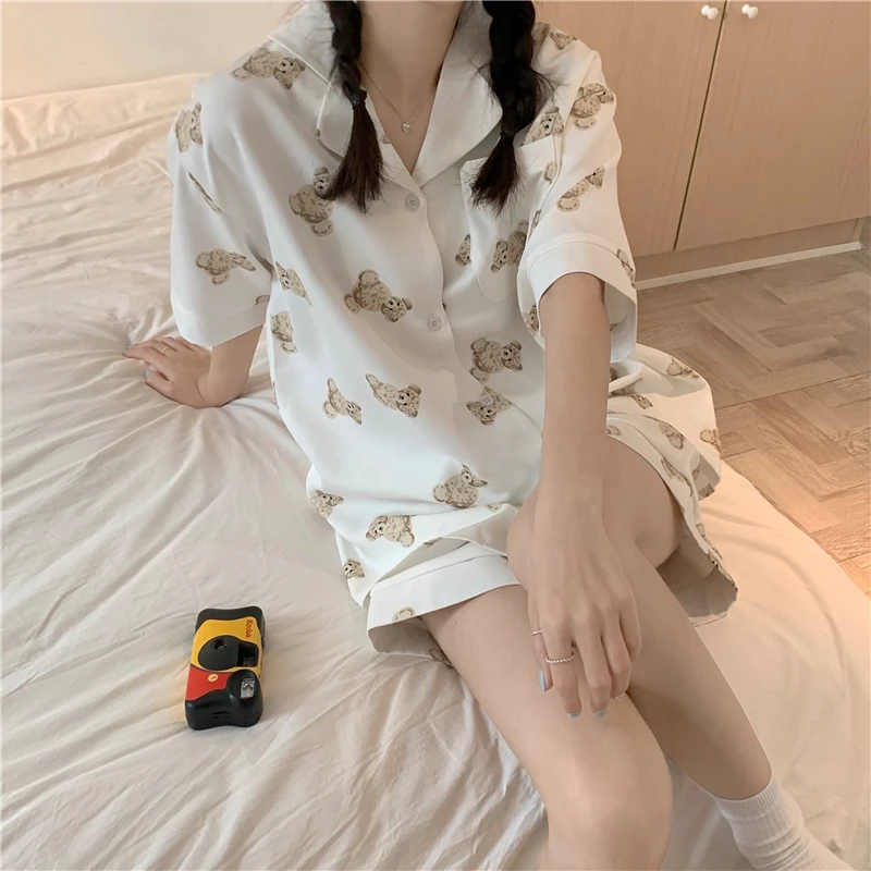 Cartoon Print Summer Pajamas Set Women Single Breasted Shirts + Shorts Sets Two Piece Home Suit Kawaii Bear Cotton Homewear
