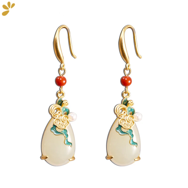 

Vintage 925 Sterling Silver Hetian Jade Gold-plated Drop Earrings Agate Cloisonne Water-drop Earring Fine Jewelry Women Gift