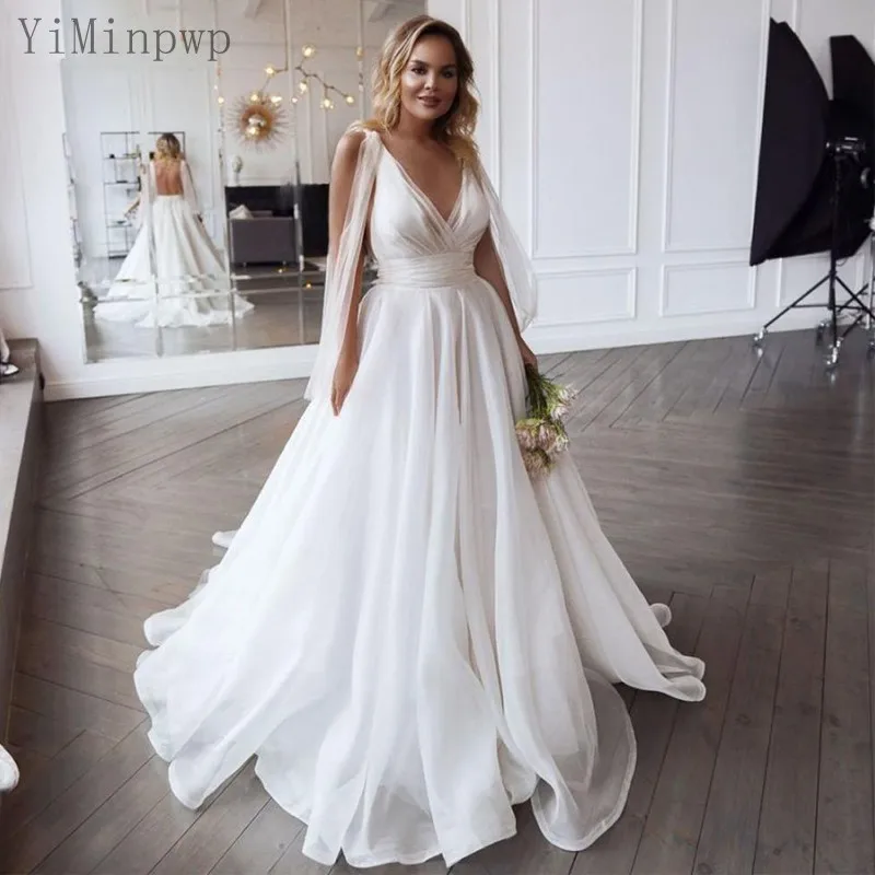 

YiMinpwp Beach Wedding Dresses Deep V Neck Backless Sweep Train Pleats Sash Garden Country Bridal Gowns vestidos de novia