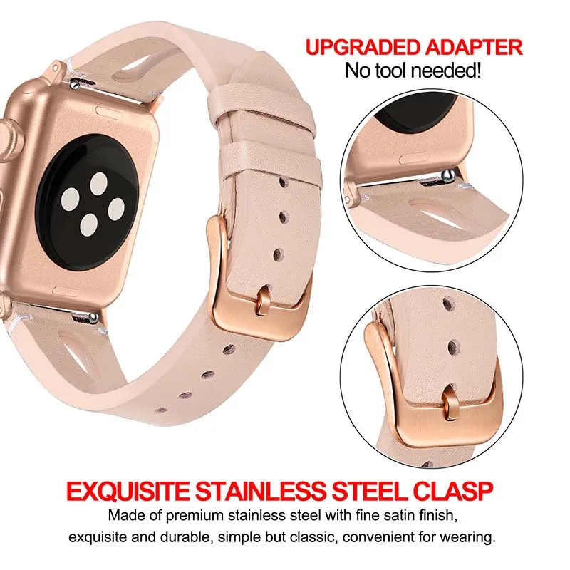 

Female Genuine Leather Watchband for iWatch Apple Watch SE Series 6 5 4 3 2 1 38/40/42/44mm Band Rose Gold Steel Clasp Strap