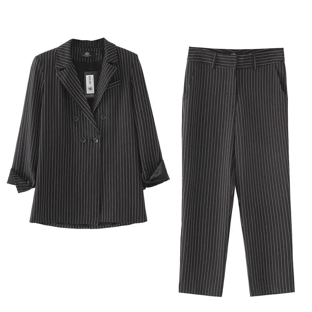 

Luck A Work Pant Suits OL 2 Piece Sets Double Breasted Striped Pink Blazer Pants Suit For Women Trousers Set Feminino Spring