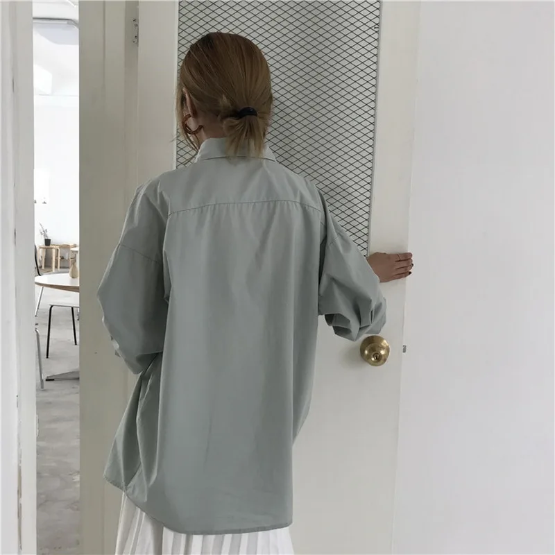 

Cotton plus size solid color shirt 2021 spring autumn loose BF wind long sleeve lape chemise femme