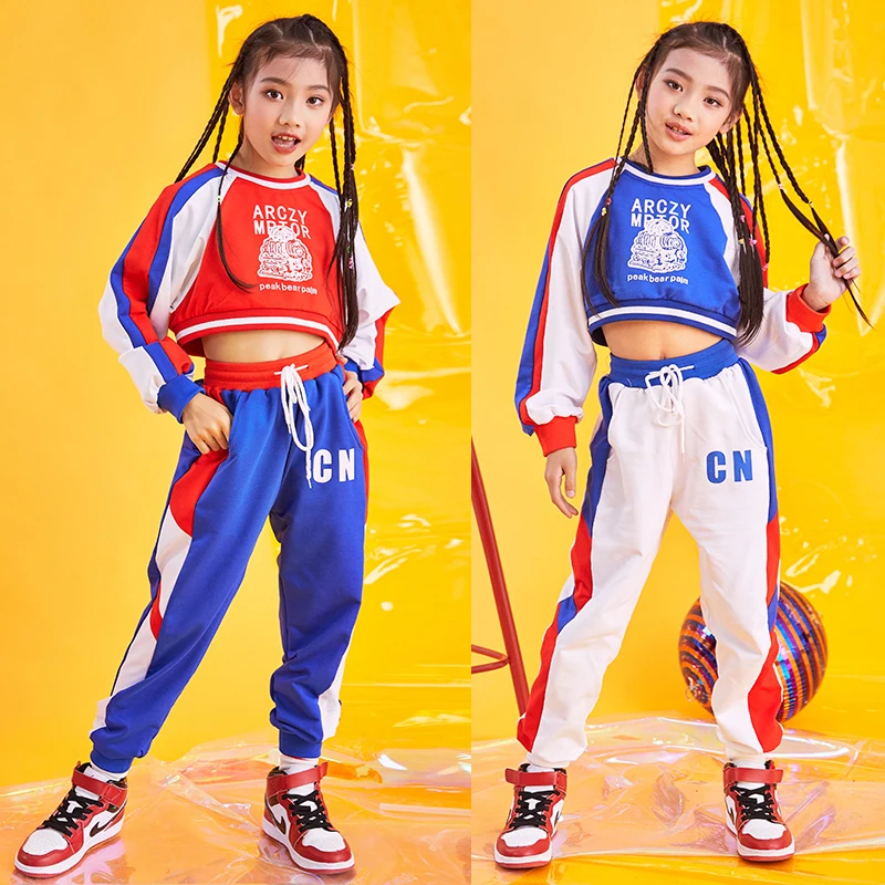 Детские танцевальные костюмы в стиле хип-хоп, Топ с длинным рукавом и брюки, одежда для джазовых уличных танцев, детская Современная сцениче...