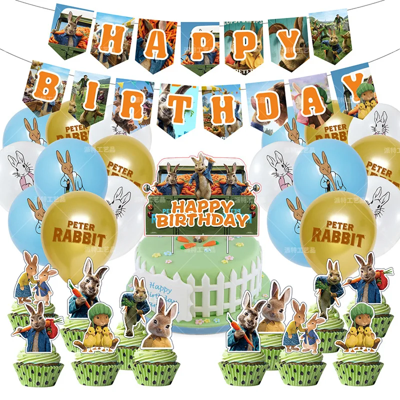Set de Decoraci&oacute;n de cumplea&ntilde;os con globos de l&aacute;tex para cupcakes, Set de Decoraci&oacute;n de cumplea&ntilde;os de Peter Rabbit, pancarta colgante, adornos para Tartas, 1 Juego por lote-0