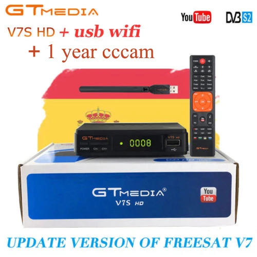 GTMEDIA V7S HD DVB-S2 спутниковый ресивер+ 1 год Европа CCCam сервер+ 1 шт. USB wifi антенна рецептор 1080P HD ТВ-тюнер телеприставка