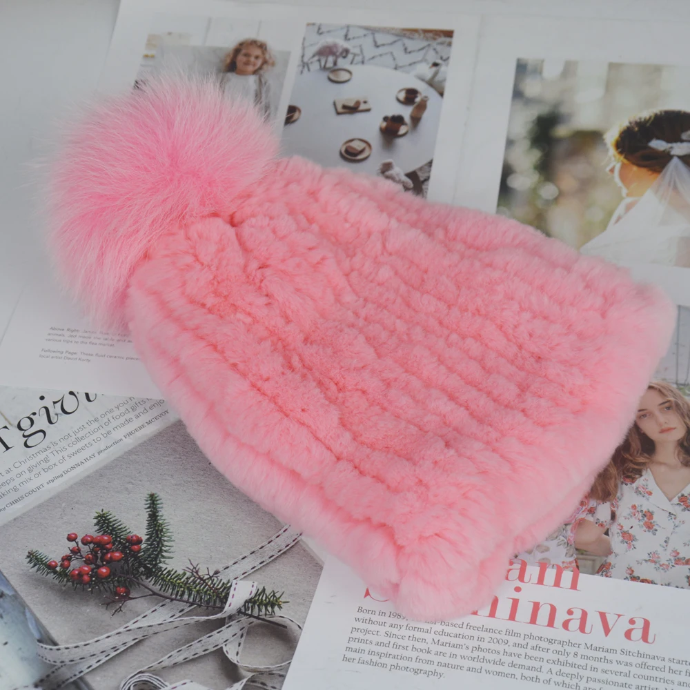 

Winter Natural Real Rex Rabbit Fur Hat Women Elasitc Warm Handmade Knitted Real Rex Rabbit Fur Caps Fox Fur Pompoms Beanies Cap