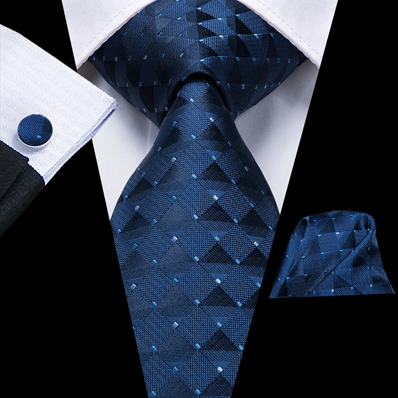 Men Blue Ties Plaid Silk Woven Necktie Checked Neck Tie Hanky Cufflinks Set Ties Gift for Wedding Party Business Hi-Tie C-3525 - Color: C-3525