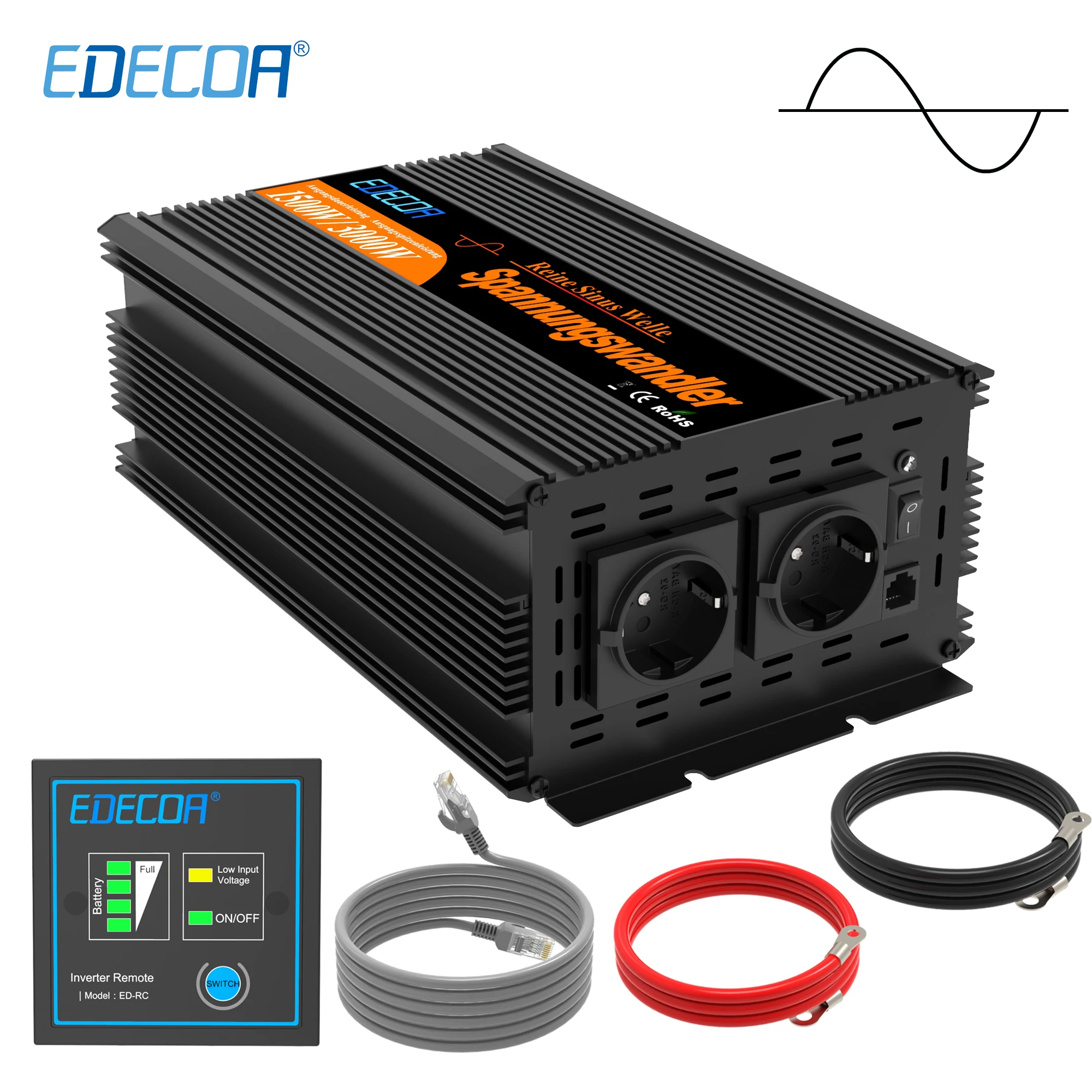 

EDECOA power inverter 1500W pure sine wave 24V to AC 220V 230V off grid converter with remote control for car solar system