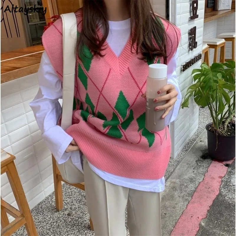 

Pink Sweater Vests Women Argyle Panelled Korean Style Loose College V-neck Knitting Soft Trendy Vintage Spring Female Clothing