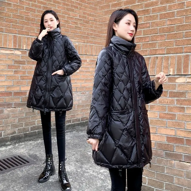 

Down cotton padded women's medium length lightweight loose diamond lattice black cotton padded coat