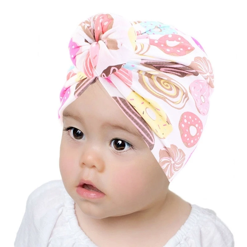 

Baby Donut Hair Cap For Sleeping American Children's Hood Elastic Bonnet European Cotton Printing Turban Hat Headband Fashion