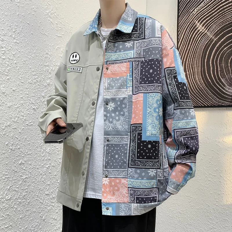 

PR 2021 Colorful Cashew Flower Autumn Hong Kong Style Men's Jacket Streetwear Hip Hop Men's Coats Male Casual Loose Outerwear