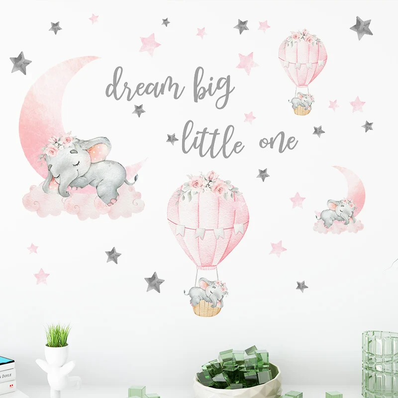 

Cute Sleeping Elephant Wall Stickers Children Kids rooms Nursery Decor Kindergarten Home Decorative Hot air Balloon Vinyl Decals