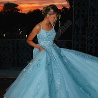 real sky blue evening dresses scoop neck sleeveless a line formal vestido gown appliques lace up tulle charming robe de soiree