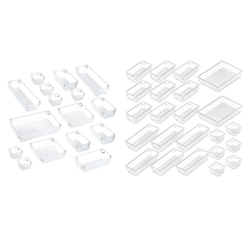 16Pcs 5 Size Plastic Desk Drawer Organizer Set & 23 Pcs Desk Drawer Organizers Set, Clear Vanity Drawer Organizers