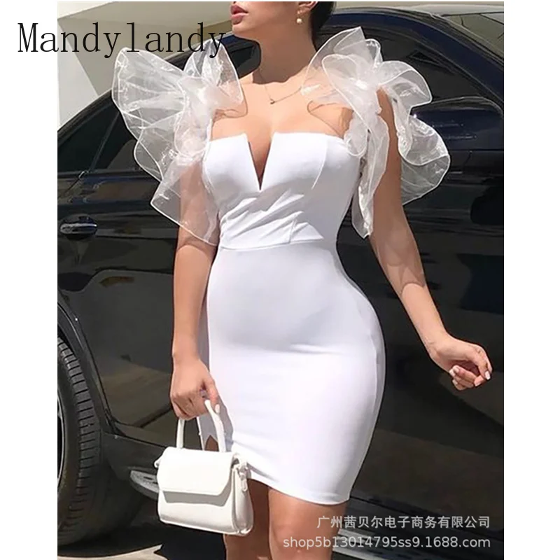 

Mandylandy Women's Elegant Mesh Patchwork Bodycon Dress Lady Sexy Fashion V Neck High Waist Corset Party Evening Dress