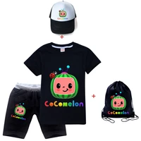 2021 summer grils t shirt shorts set kids cartoon tv series cocomelon clothes toddler boys sportsuits hat and drawstring bag