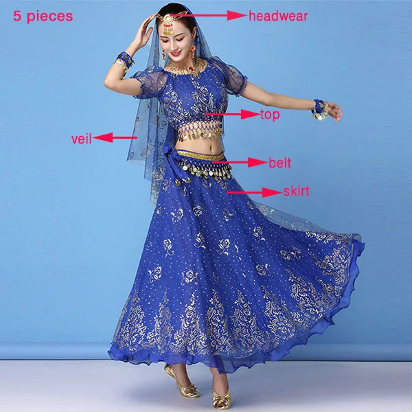 blue-5 pieces Болливуд набор костюма для танца живота Индийский танец сари танец живота юбка костюм женский шифон 5 шт.(головные уборы вуаль Топ Пояс юбка - Цвет: blue-5 pieces