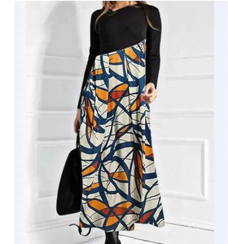 

Elegant Women Dress Autumn 2021 Winter Geometric Tunic V-Neckline Maxi A-line Long Sleeves Slim Midi Dress Lady Casual Veatidos