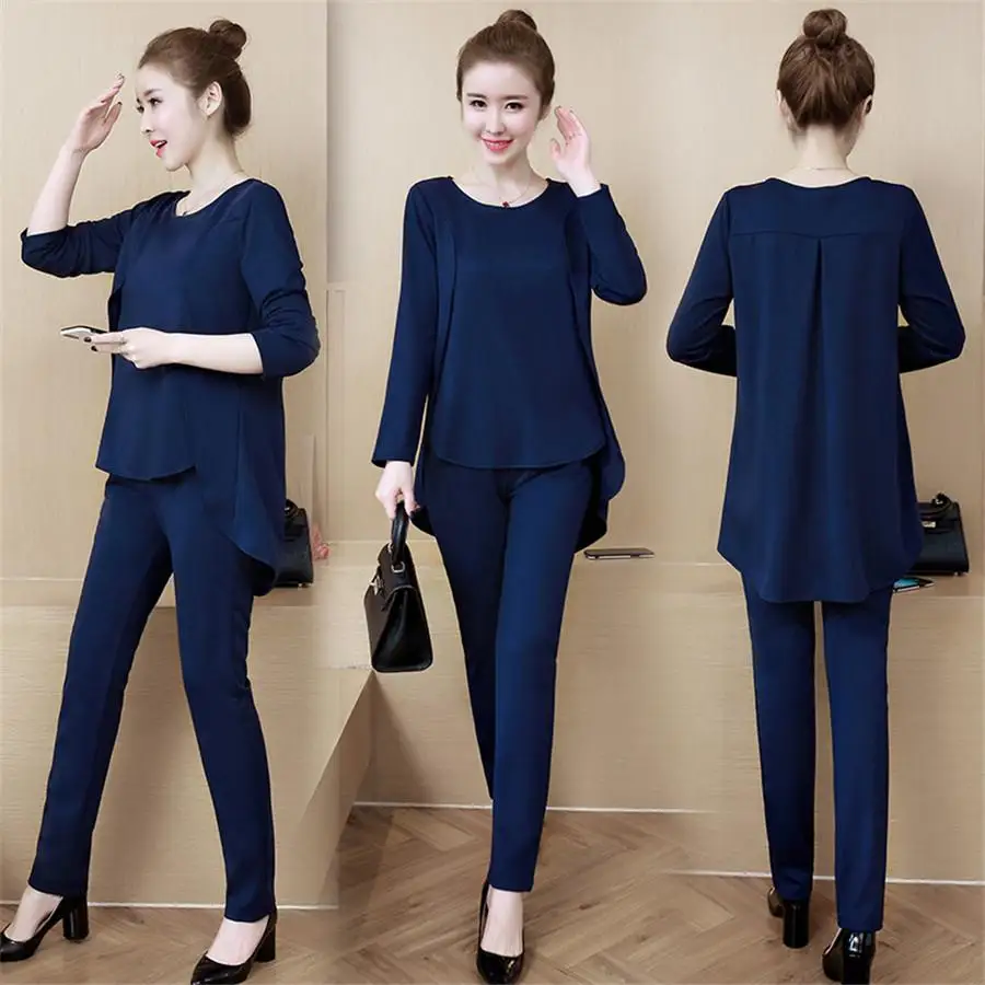 

2021 Summer Striped Pants Suits Black Blue Casual Women Set Long Sleeve Fake Two Piece Tops+pants Women Suit Sets