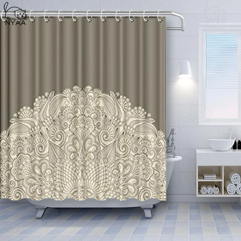 

Vixm Oriental Shower Curtain Half Mandala with Rich Floral Curls Traditional Vintage Motif Fabric Bath Curtains