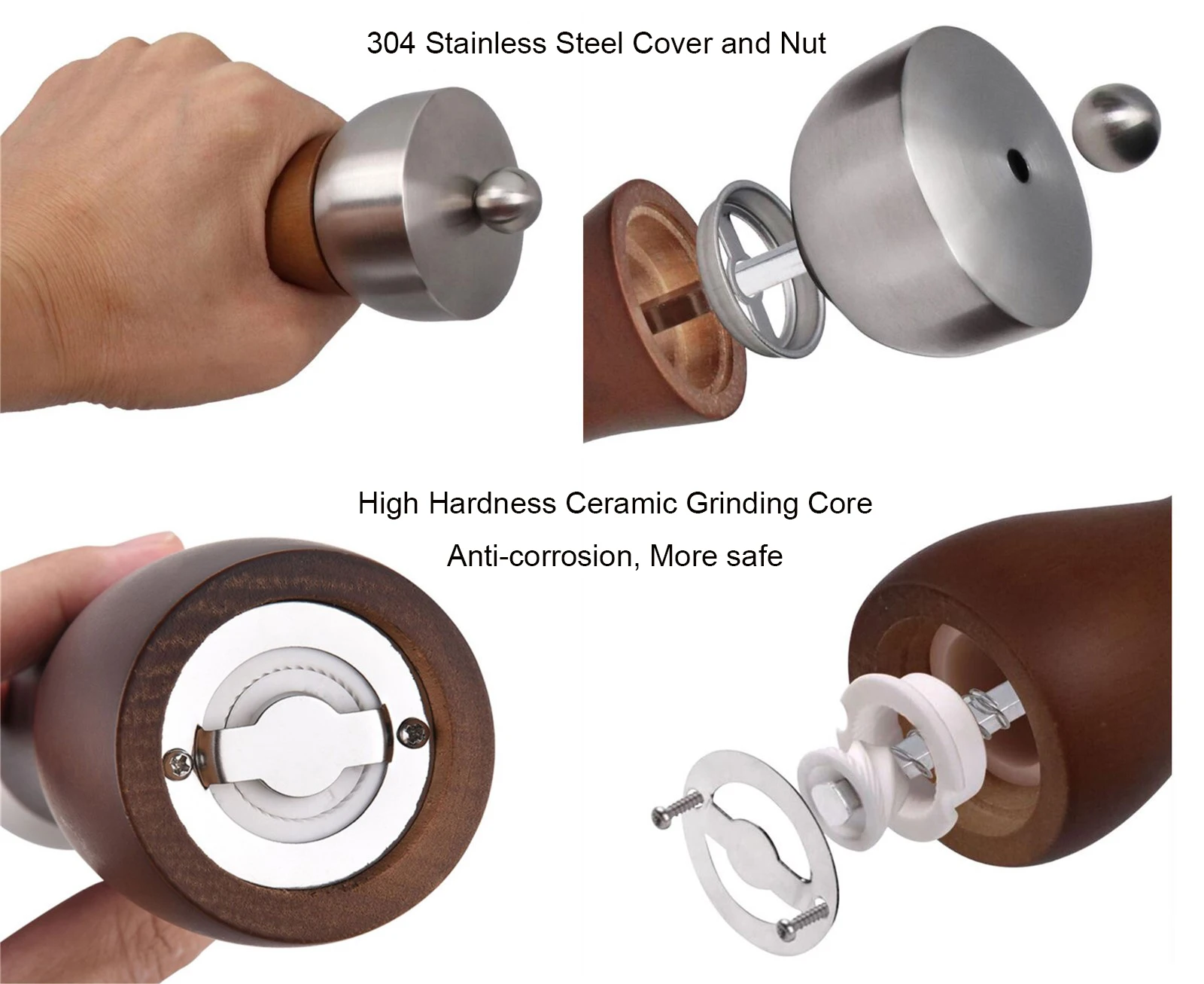 Соль и перечный помолчик 8 дюймов дерево нержавеющая сталь ручная мельница регулируемая степень помола от мелкого до крупного.