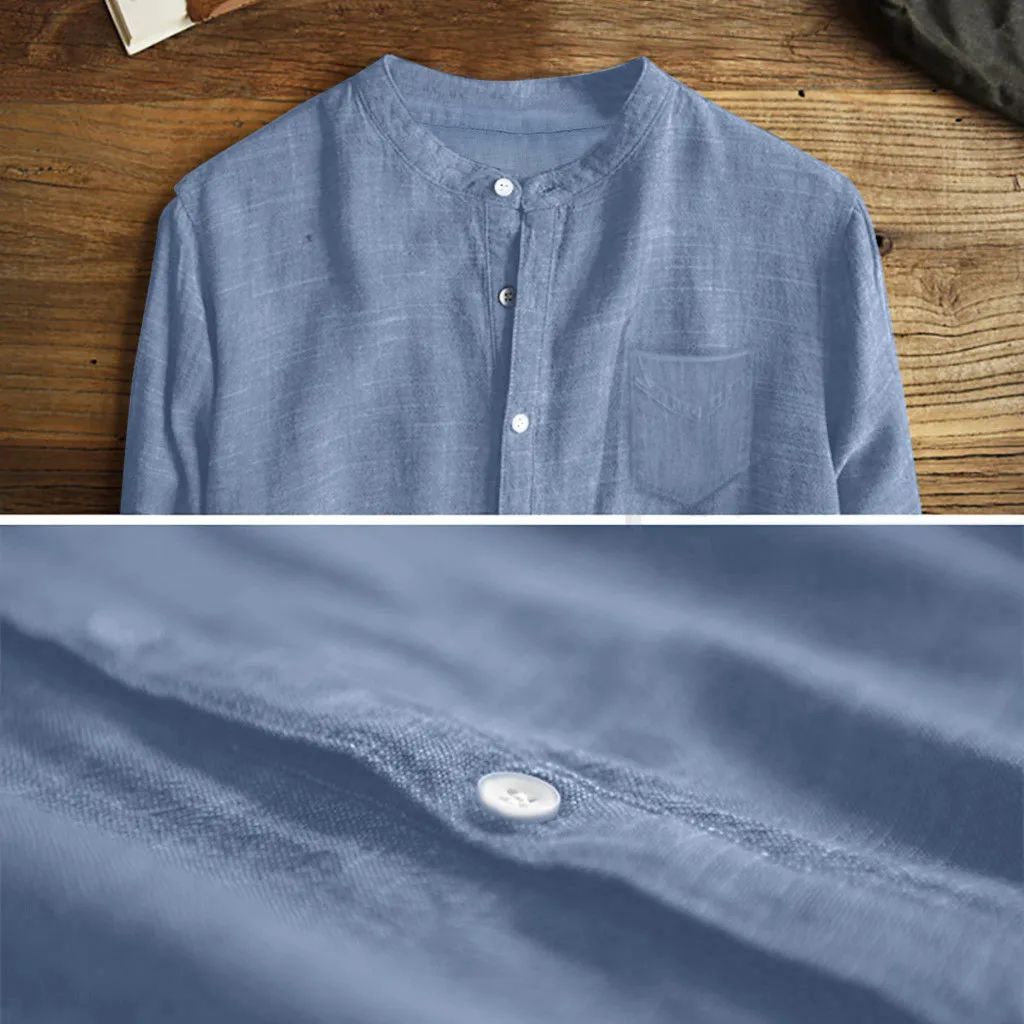 

Fashion Mens Autumn Winter Button Casual Linen and Cotton Long Sleeve Top Blouse