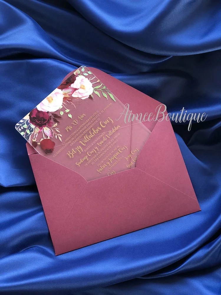 Бордовые Цветочные акриловые свадебные приглашения AI017 | Дом и сад