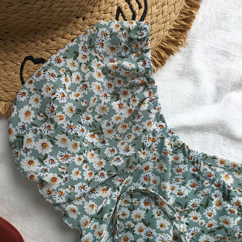 Винтажная Хлопковая женская блузка с зеленым цветочным принтом облегающая