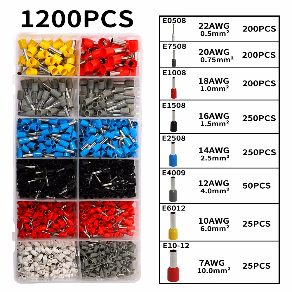 1200Pcs 22-8 AWG Wire Copper Crimp Connector Electric Ferrules Kit Insulated Cord Pin End Terminals Assorted Set | Обустройство дома