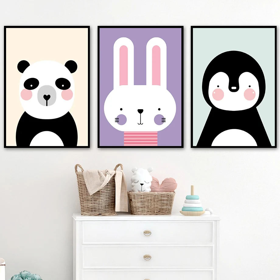 

Bunny Panda Penguin Cute Cartoon Wall Art Canvas Painting Nordic Posters And Prints Wall Pictures Baby Kids Room Nursery Decor