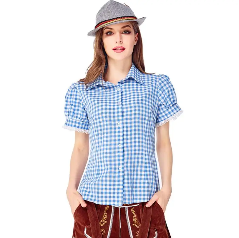 Blue Shirt Традиционный Женский Костюм Октоберфест с подтяжками шляпа костюмы набор Октоберфест баварское пиво девушка бар униформа - Цвет: Blue Shirt
