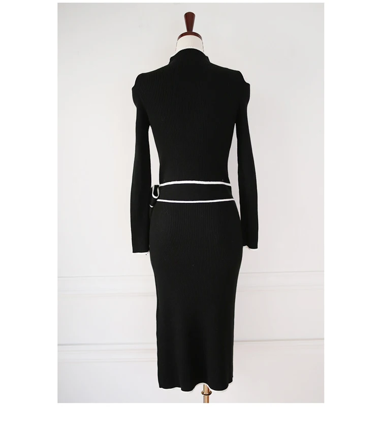 

2020 Winter Korea Slim Midi Sashes Off Shoulder Stand Neck Black Vestidos Women's Knitted Sweater Dress