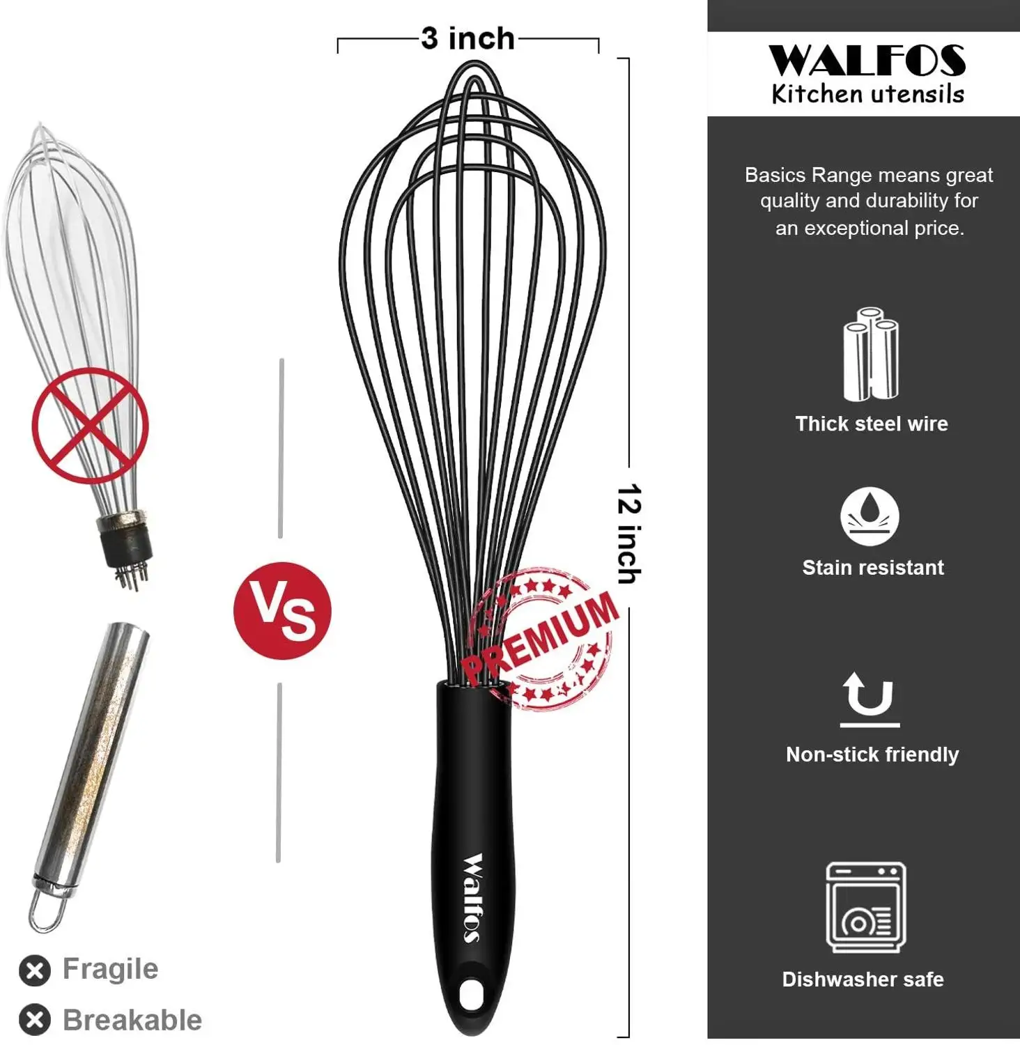 Walfos Silicone Whisk Stainless Steel Wire - Heat Resistant Kitchen Whisks For Non-Stick Egg Foamer Stirrer Tool | Дом и сад