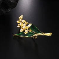 trendy lily valley gold color brooch pin jewelry white floral leaf brooch