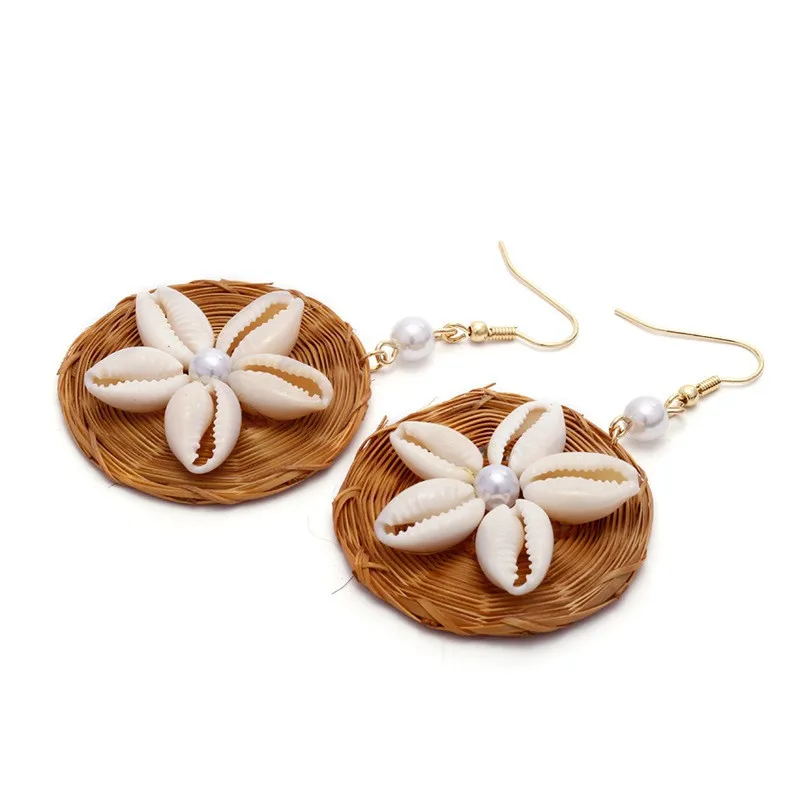 Плетеные серьги из бамбука ручная работа круглая раковина ротанга массивные