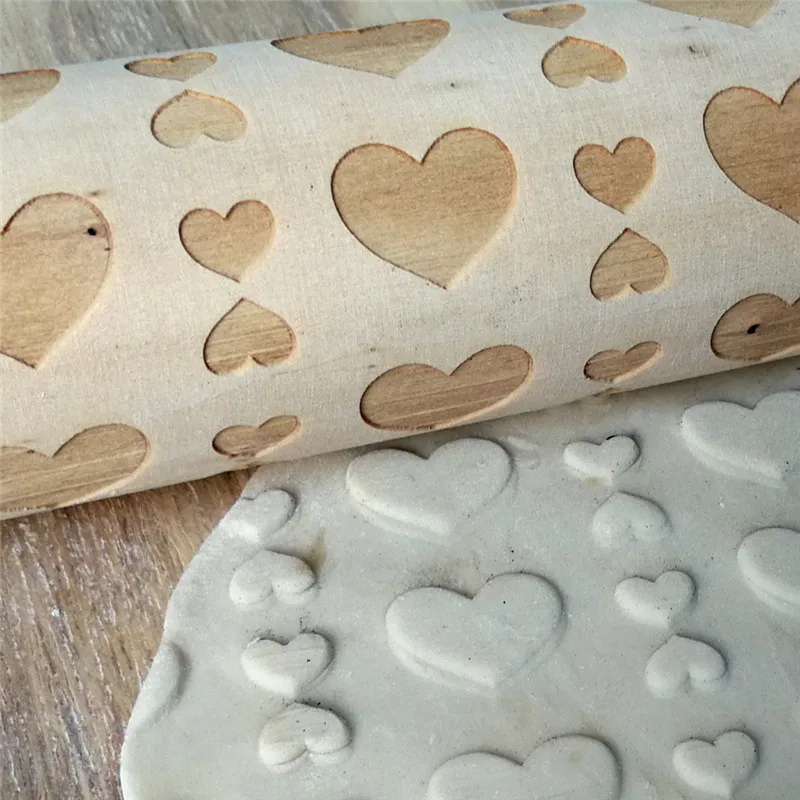 Valentine's Day Cookies Baking Biscuit Cake DIY Supplies Heart Pattern Christmas Wooden Embossing Roll Tool