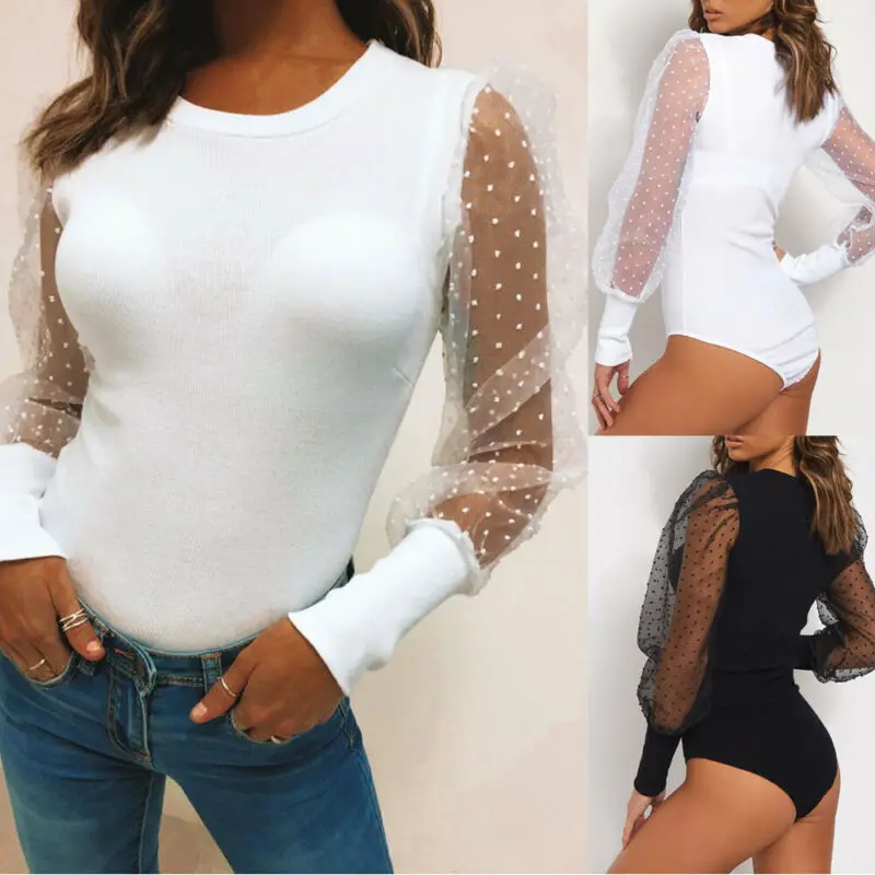 

Women Sexy Mesh Long Puff Sleeve Bodysuit Polka Dot Sleeve Casual Stretch Leotard Slim Tops Jumpsuit Vintage Party Shirt Blouse