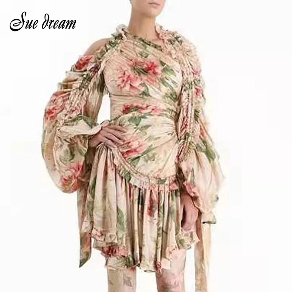 Новинка 2020 модное женское платье с принтом оборками асимметричный воротник