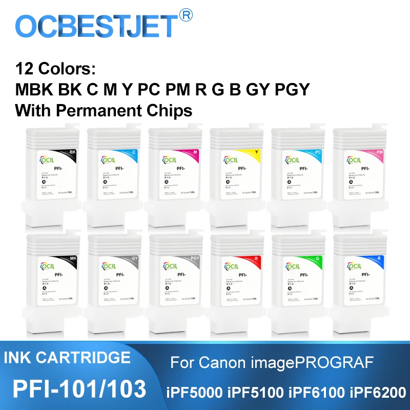 

PFI-101 PFI-103 Refillable Ink Cartridge With Permanent Chips PFI101 PFI103 For Canon iPF5000 iPF5100 iPF6100 iPF6200 130ML