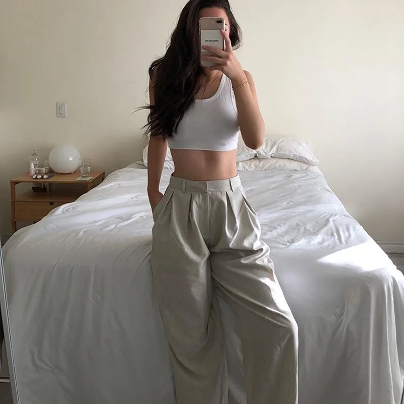 

Spring Autumn Fashion Fold Style Wide-Leg Pants Office Lady Mid-Waist Grey Foraml Trousers Women Loose Casual Commute Long Pants